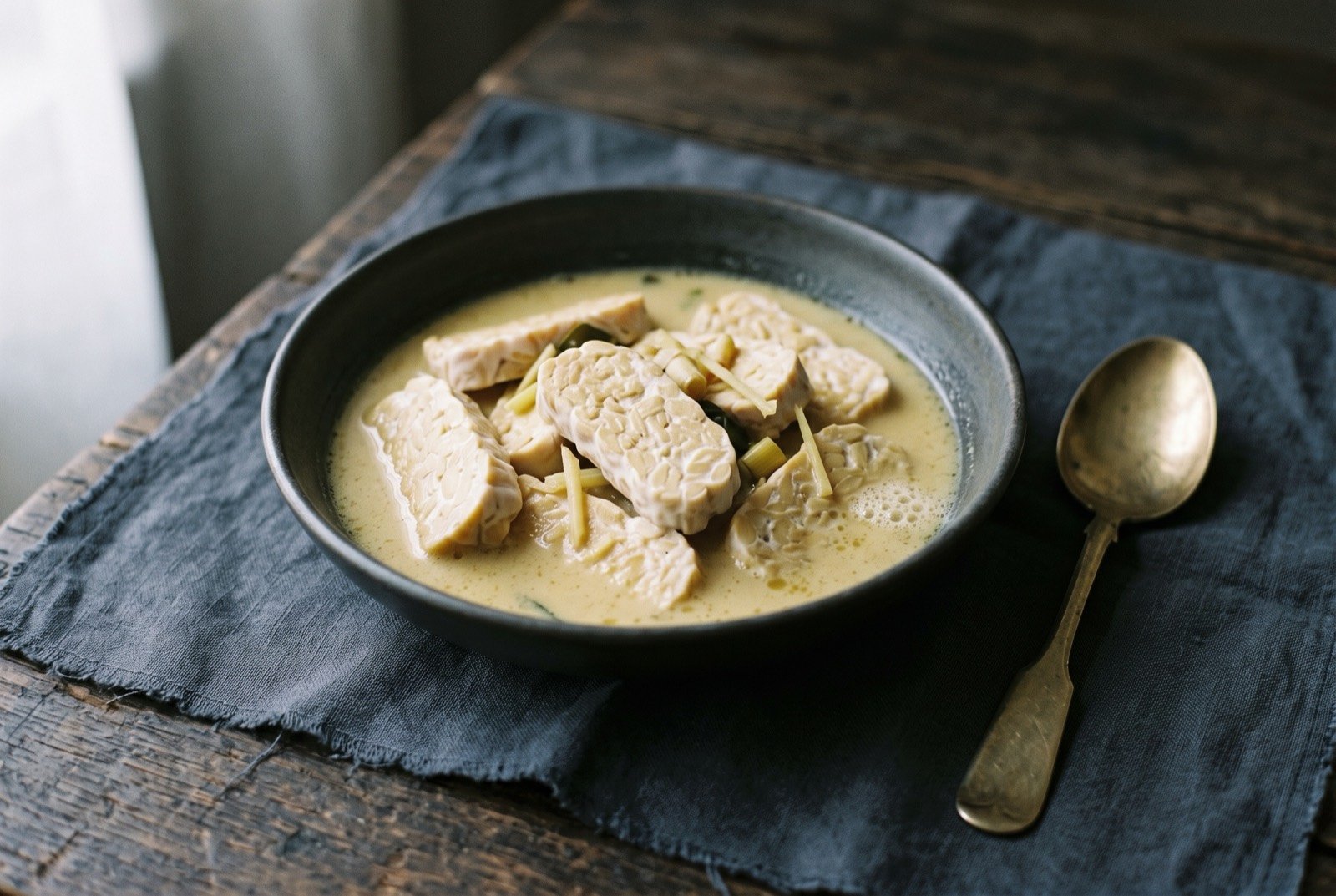 Tempeh simmered in ginger coconut milk, jae santen tempe: sliced pale ivory tempeh with its tight white mycelium binding visible at the cut edges, submerged in a thin pale yellow coconut milk sauce flecked with sliced ginger.