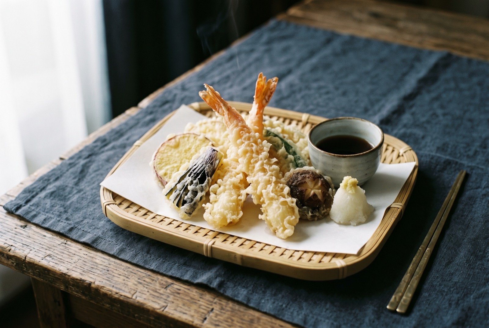 Tempura, prawns and mixed vegetables in a pale, lacy fried batter: a shallow woven bamboo tray lined with white paper, holding freshly fried tempura, two curled prawns and pieces of sweet potato.