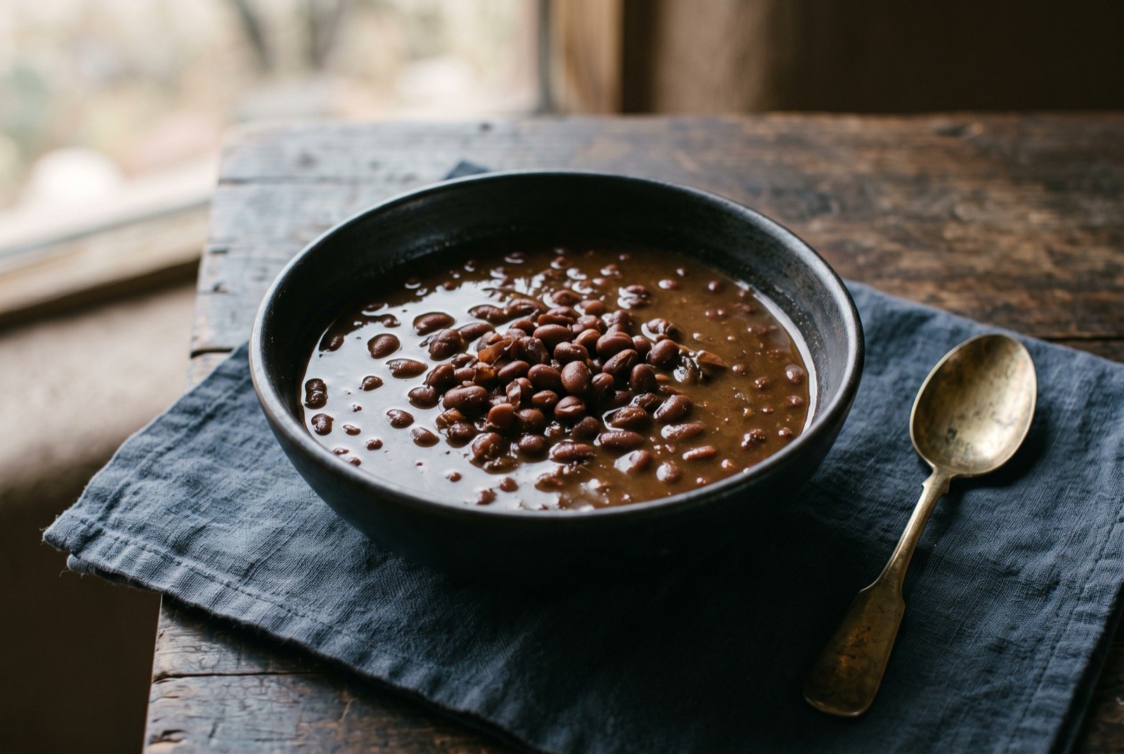 Tepary bean stew, Bawĭ simmered simply: a plain dark bowl of small, dense reddish brown beans in a thick, deep brown broth, a faint glaze across the surface where the cooking liquor has reduced.