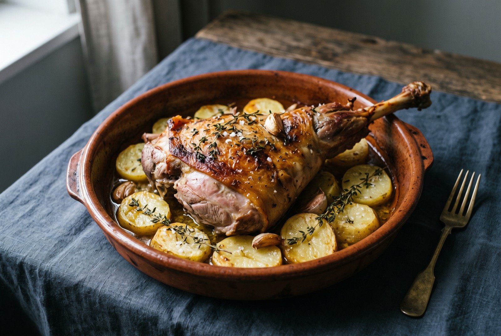 Ternasco asado, Aragón roast milk-and-grain-fed lamb: a roasted leg of pale pink lamb with a deep golden-brown crust in a wide terracotta cazuela, thick rounds of roasted potato in the fat below.