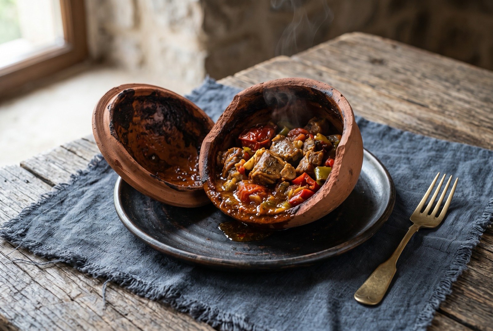 Testi kebabı, cubed lamb and vegetables slow-cooked and served in a broken clay pot: a small rounded terracotta pot broken cleanly in half on a dark plate, the top half tipped aside to reveal glistening cubed lamb.