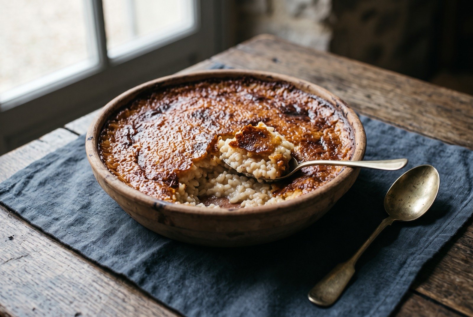 Teurgoule, a Norman baked rice pudding with a caramelised crust: a wide earthenware dish of pale baked rice pudding with a deep golden brown caramelised crust across the top, cracked slightly to reveal the creamy pale interior beneath.