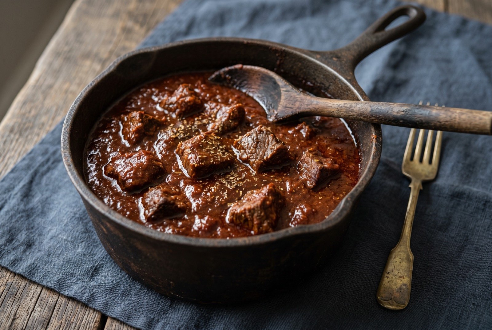 Chile con carne, Texas red, a no bean beef chile: a thick, dark brick red beef chile in a heavy pot, glossy with rendered fat, tender cubes of beef breaking apart at the surface.