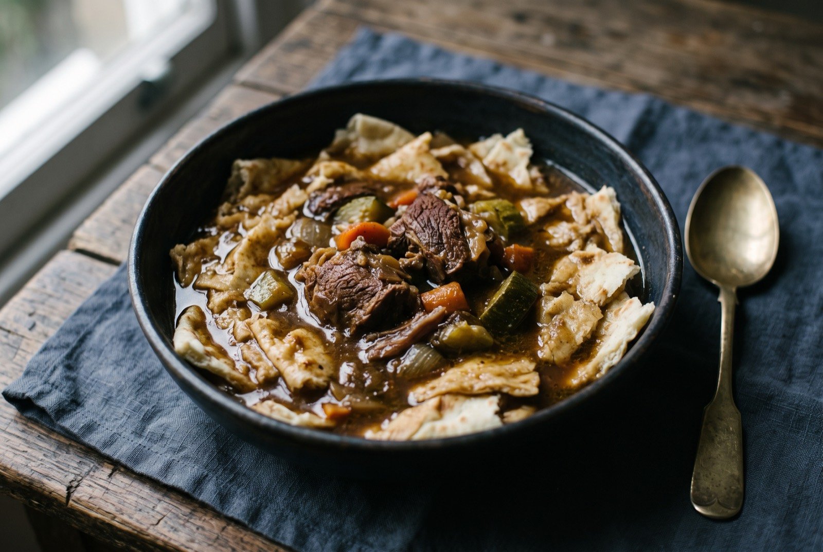 Thareed, torn flatbread soaked in a rich lamb broth: a deep bowl of torn, pale flatbread pieces submerged in a dark, glossy lamb broth, a few pieces of tender lamb and soft courgette breaking the surface.