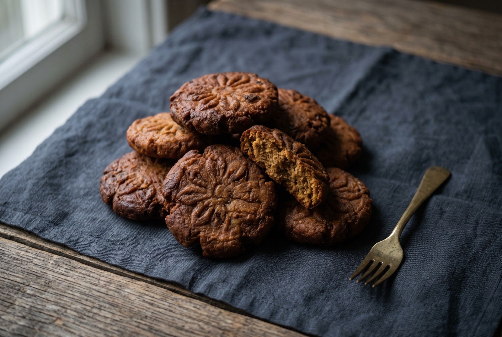 Thekua, Bihar's deep-fried jaggery and wheat sweet, the mahaprasad of Chhath Puja: a small pile of dense, deep golden brown fried discs with a moulded pattern pressed into each surface, one broken in half to show a firm.
