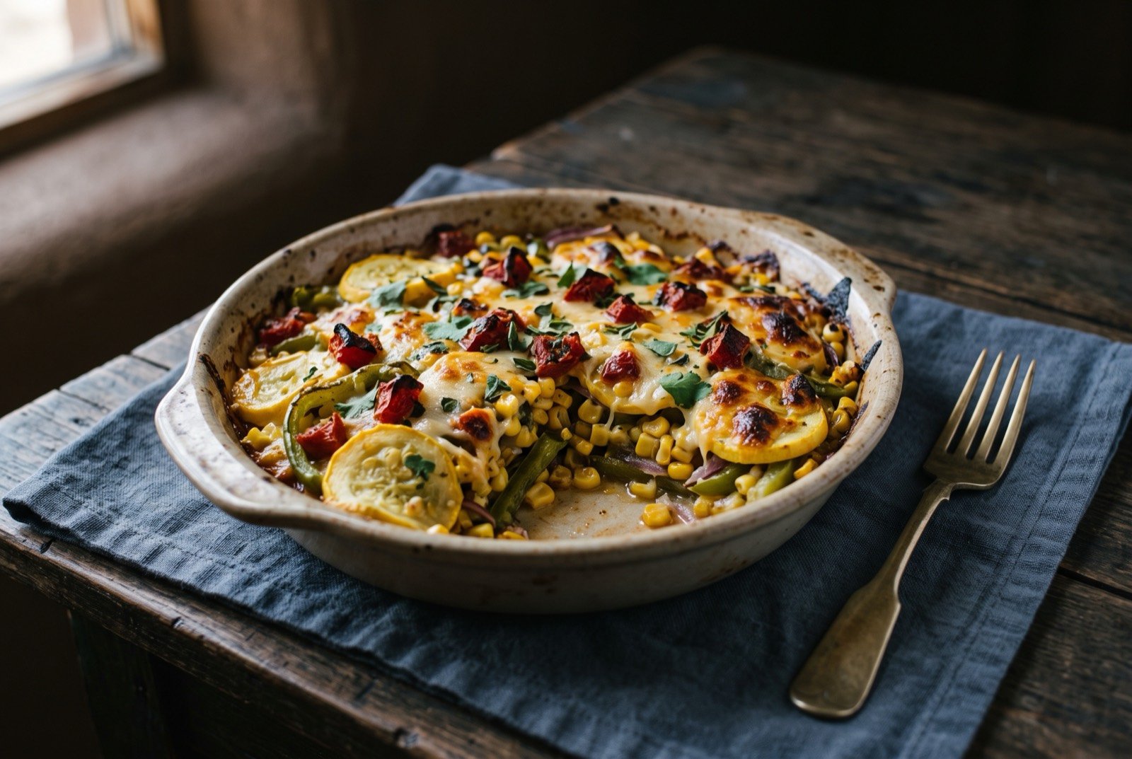 Three Sisters harvest bake, squash, corn and green pepper: a shallow baking dish of layered pale golden squash slices, corn kernels and green pepper strips, the surface topped with melted.