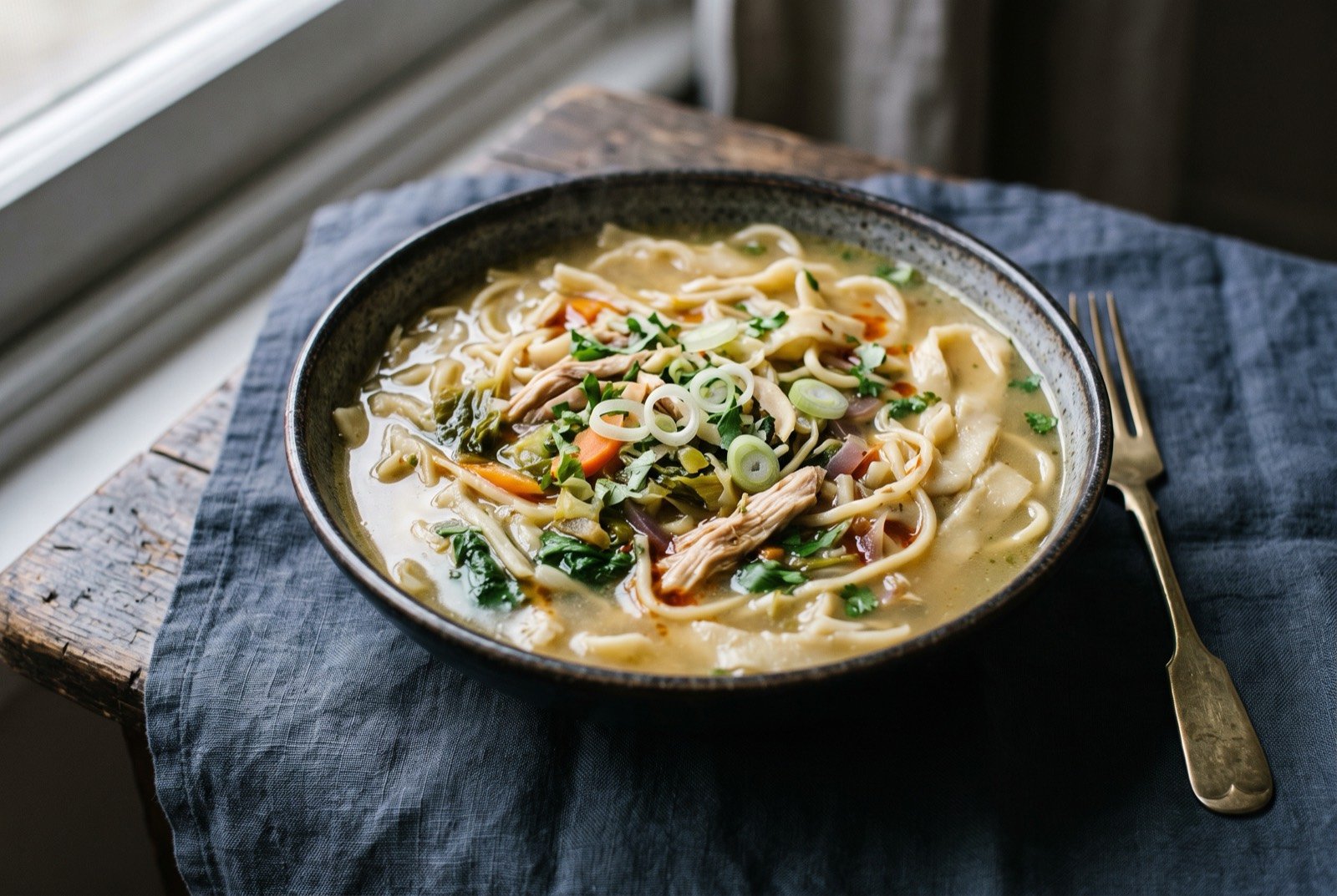 Thukpa, a noodle soup built on a long-simmered bone broth: a deep bowl of pale golden broth, visibly rich rather than thin, torn irregular noodle strips and thin-cut noodles both breaking its surface.