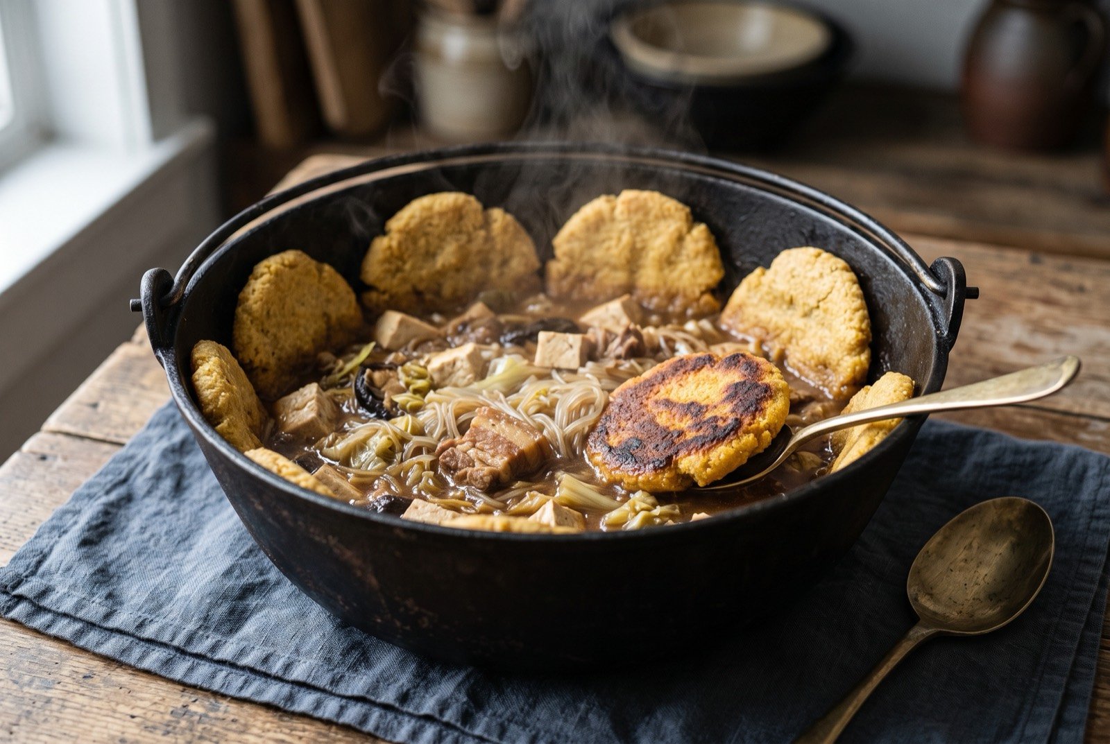 Tiedun, an iron pot stew with cornbread baked against its own wall: a large, dark, heavy cast iron pot photographed from a forty five degree angle, a rich stew of pork, tofu and pale vermicelli visible below the rim.