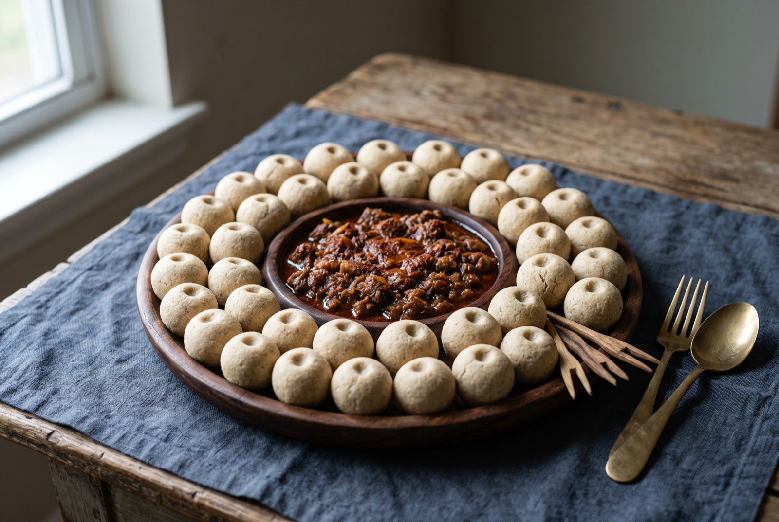 Tihlo: Golf ball sized spheres of roasted barley dough, matte and pale tan with a thumb dimple pressed into each, arranged in a close ring around a central well of dark red zigni on a shared tray.