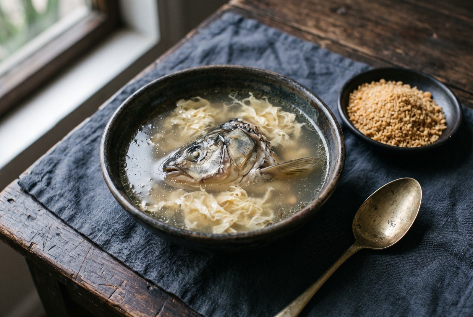 Timbuche, river fish head broth: a rustic bowl of clear pale broth, a fish head and delicate ribbons of set egg suspended within it, a small heap of toasted golden fariña granules served alongside in a separate dish.
