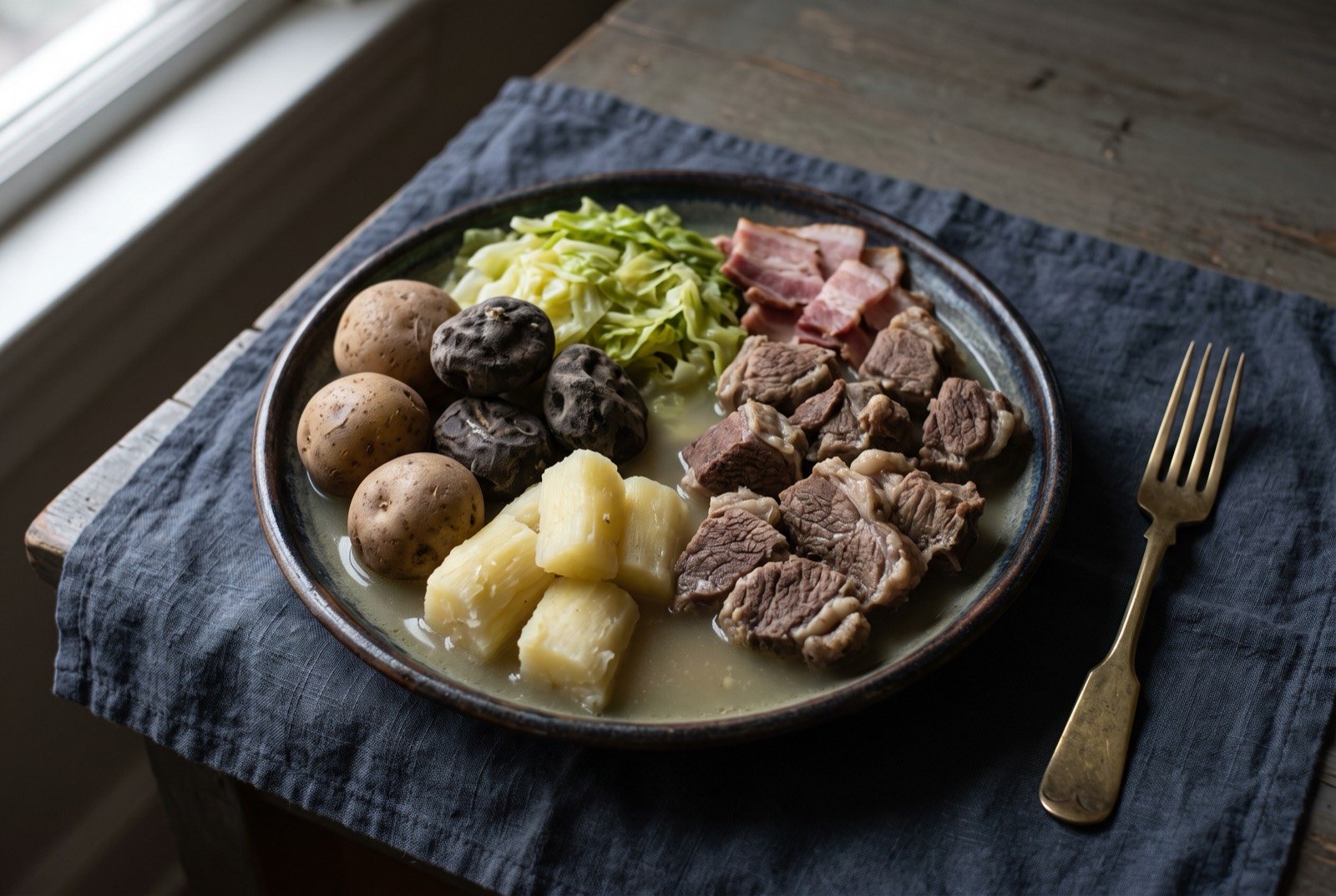 Timpu, a Cusco boiled dinner of many meats and tubers: a large plate piled with boiled potato, chuño, yuca and cabbage alongside pieces of beef, lamb and bacon, arranged in distinct clusters rather than mixed together.