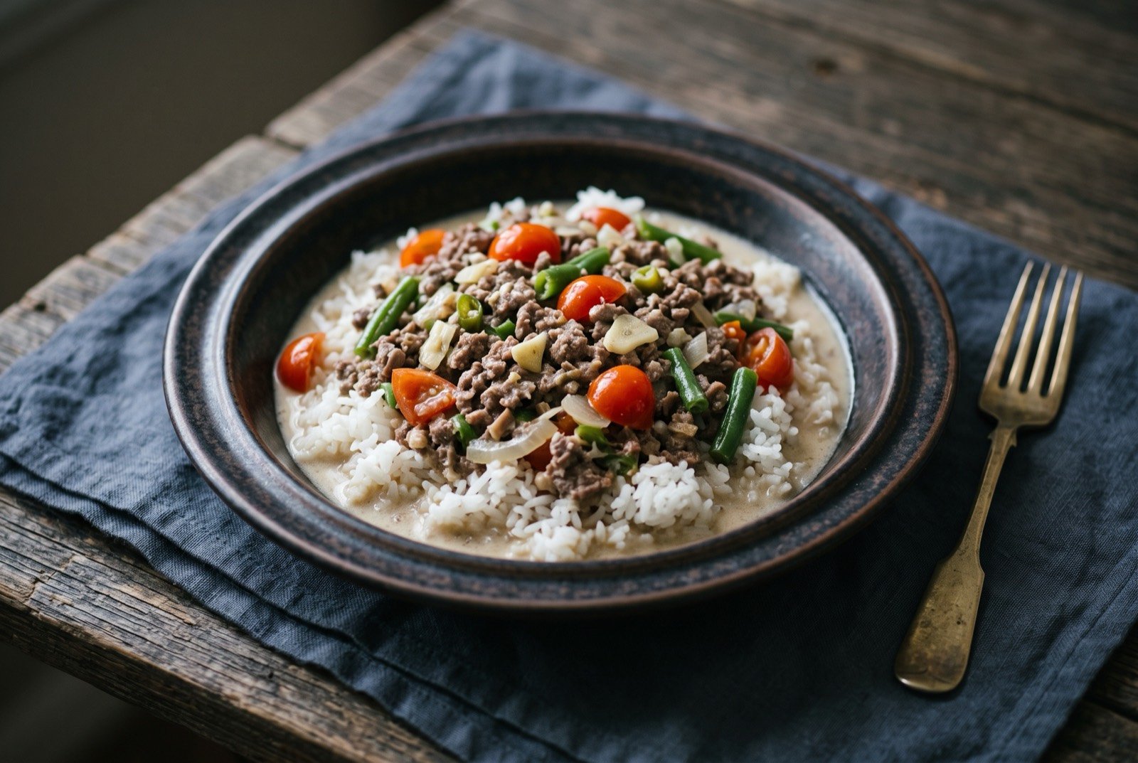 Tinaktak, finely chopped beef in coconut milk: finely minced beef in a pale coconut milk sauce studded with chopped tomato and sliced green beans, served in a wide dark bowl over a mound of white rice just visible beneath.