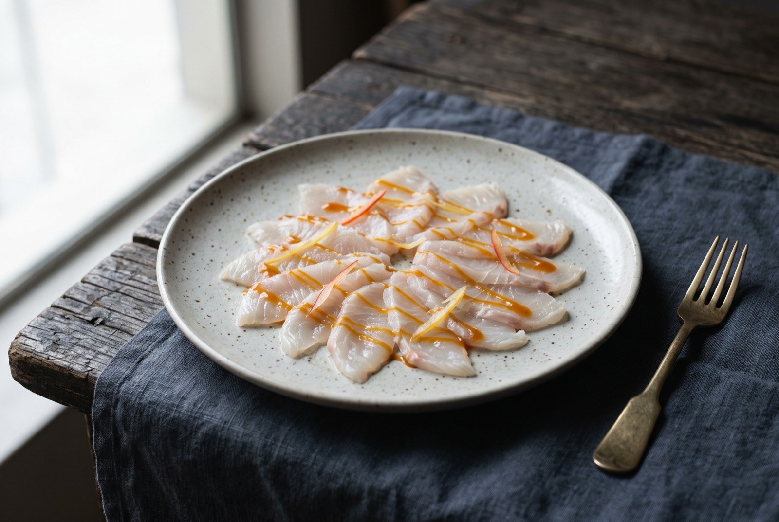 Tiradito, Nikkei sliced raw fish, sauced not marinated: thin, translucent sheets of raw white fish fanned out across a wide flat plate, a fine amber orange sauce drizzled over in a thin ribbon rather than pooled.