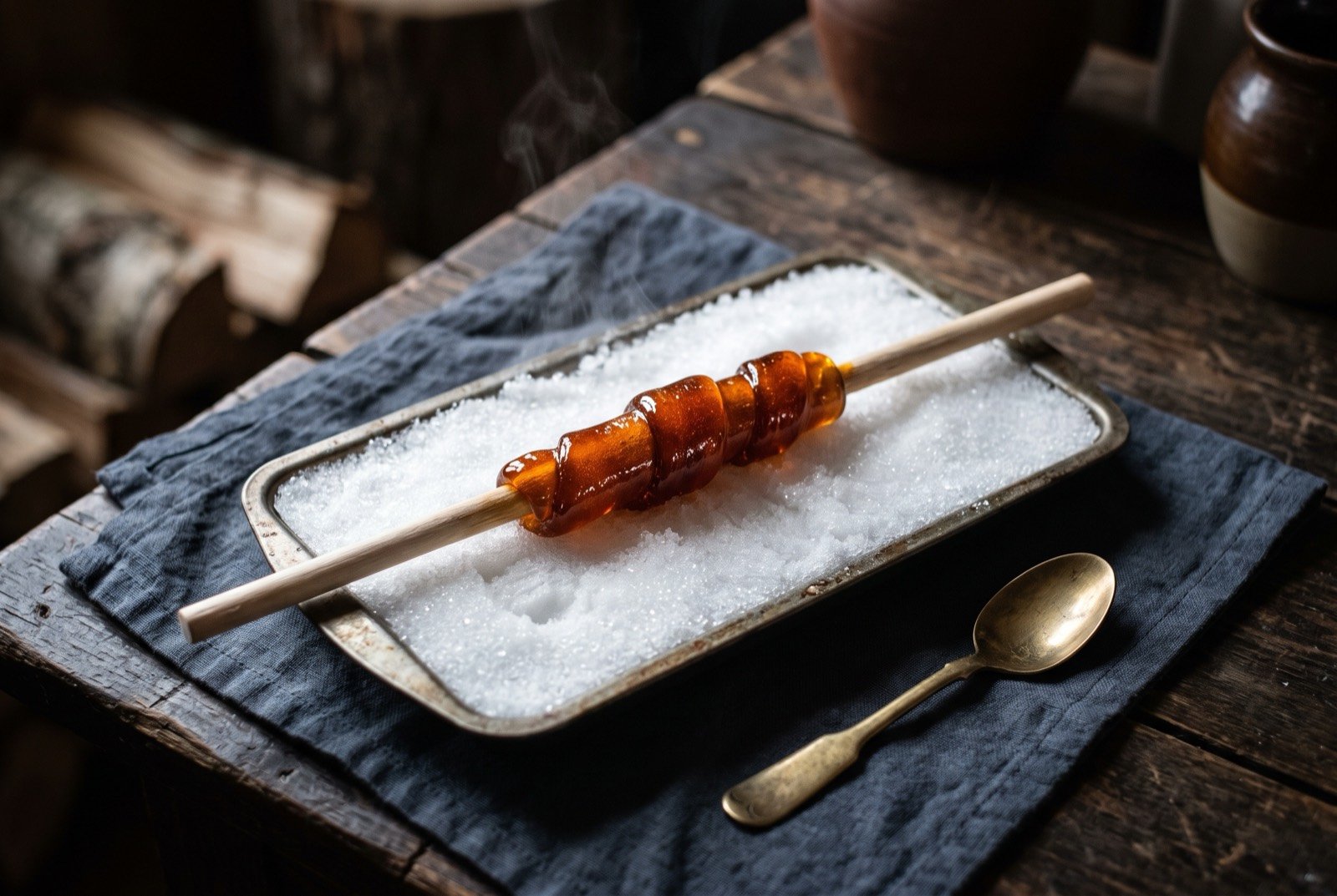 Tire d'érable, maple taffy rolled on snow: a ribbon of glossy, deep amber maple taffy rolled around a plain wooden stick, laid across a shallow tray of tightly packed white snow.