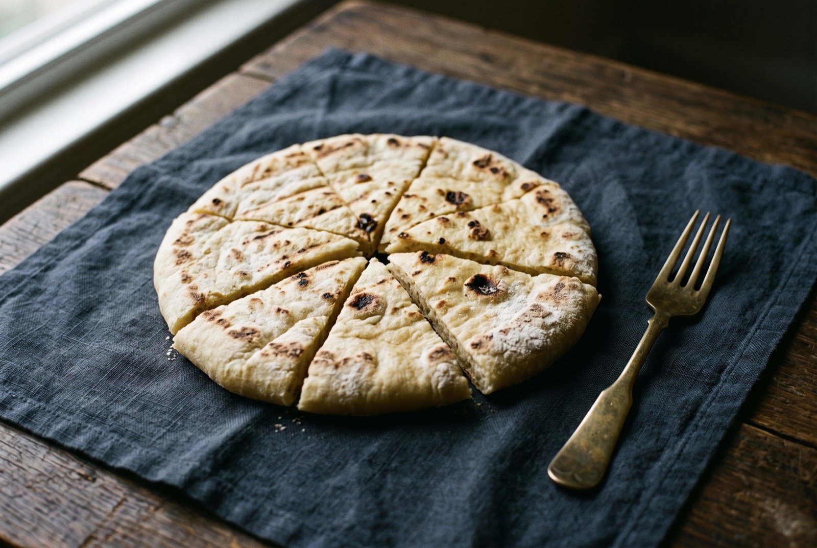 Titiyas, CHamoru grilled flatbread: a round pale golden flatbread with faint grill markings and small charred blister spots, sliced into wedges fanned slightly apart on the dark linen.
