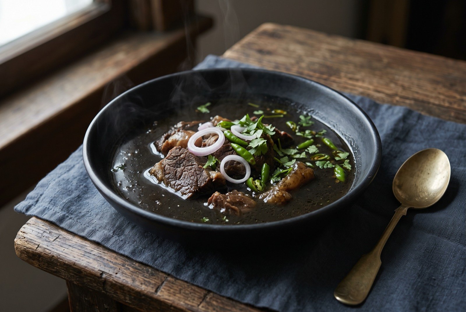 Tiyula itum, the Tausug black beef soup built on charred coconut and pamapa spice paste: a wide shallow bowl of deep matte-black broth, tender chunks of braised beef brisket submerged just beneath the glossy dark surface.