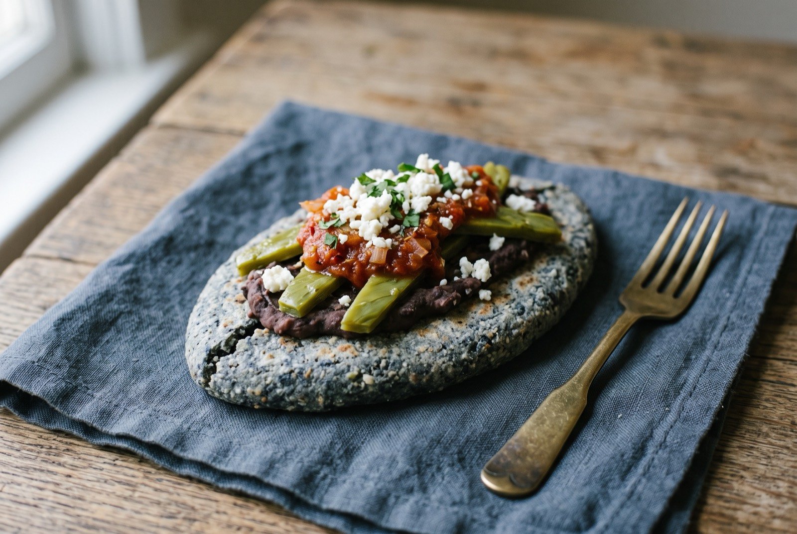 Tlacoyos, a stuffed oval masa cake with beans and nopal: a thick, oval, hand shaped blue-flecked corn masa cake, split slightly open along its ridge to reveal a dark bean filling.