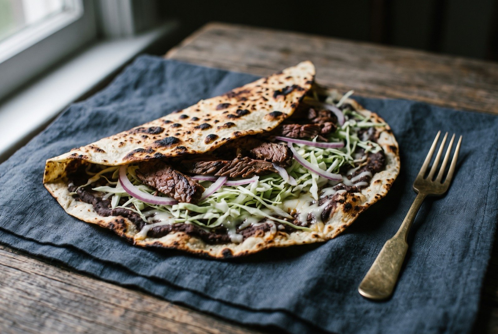 Tlayudas, a large crisp Oaxacan tortilla platter: a very large, thin, folded crisp tortilla spread with dark bean paste and melted string cheese, topped with shredded cabbage and a few strips of grilled meat.