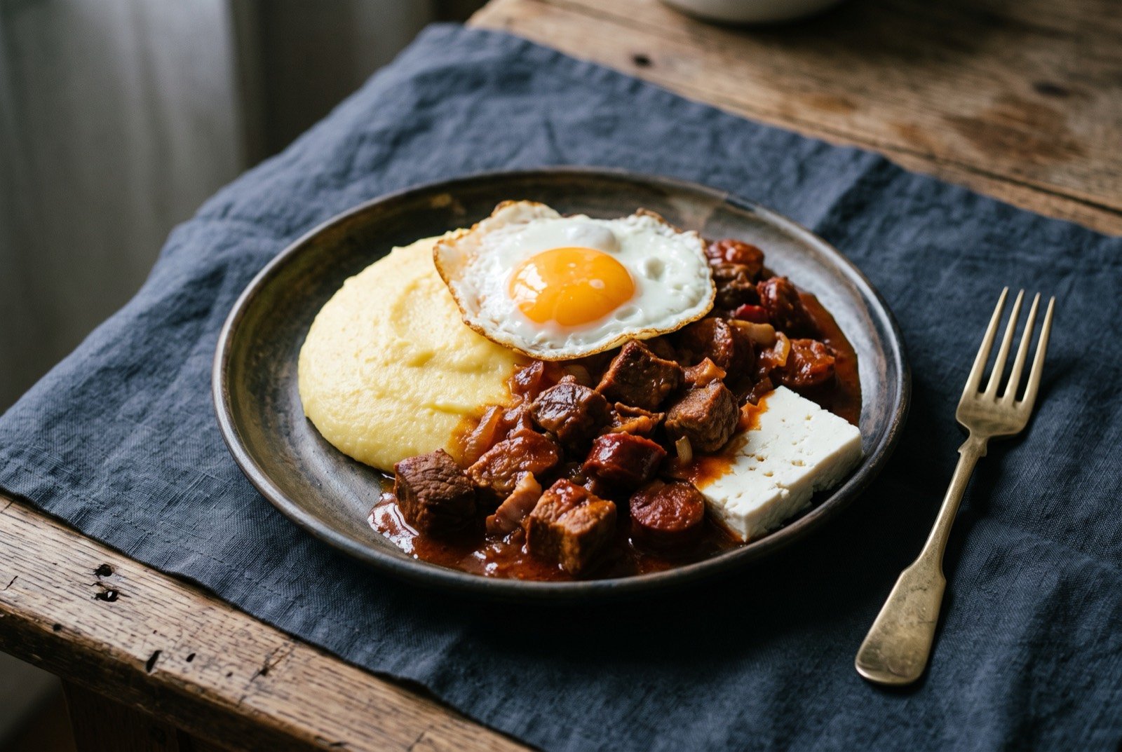 Tochitură, a Romanian pork stew served over mămăligă with a fried egg: a mound of smooth pale yellow cornmeal porridge on a plate, dark seared cubes of pork piled beside it in a glossy paprika red sauce.