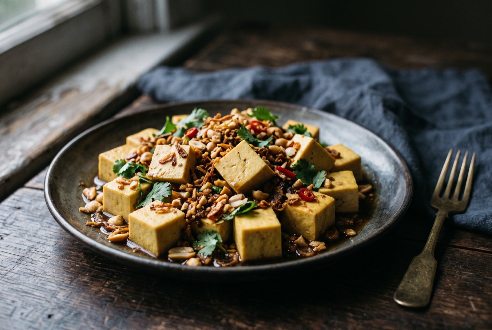 Tohu thote, Shan chickpea flour tofu, set without a coagulant and tossed as a salad with tamarind and crispy garlic: pale golden yellow cubes of firm, faintly jelly-like tofu tossed with a dark tamarind dressing, crispy fried garlic and shallot.