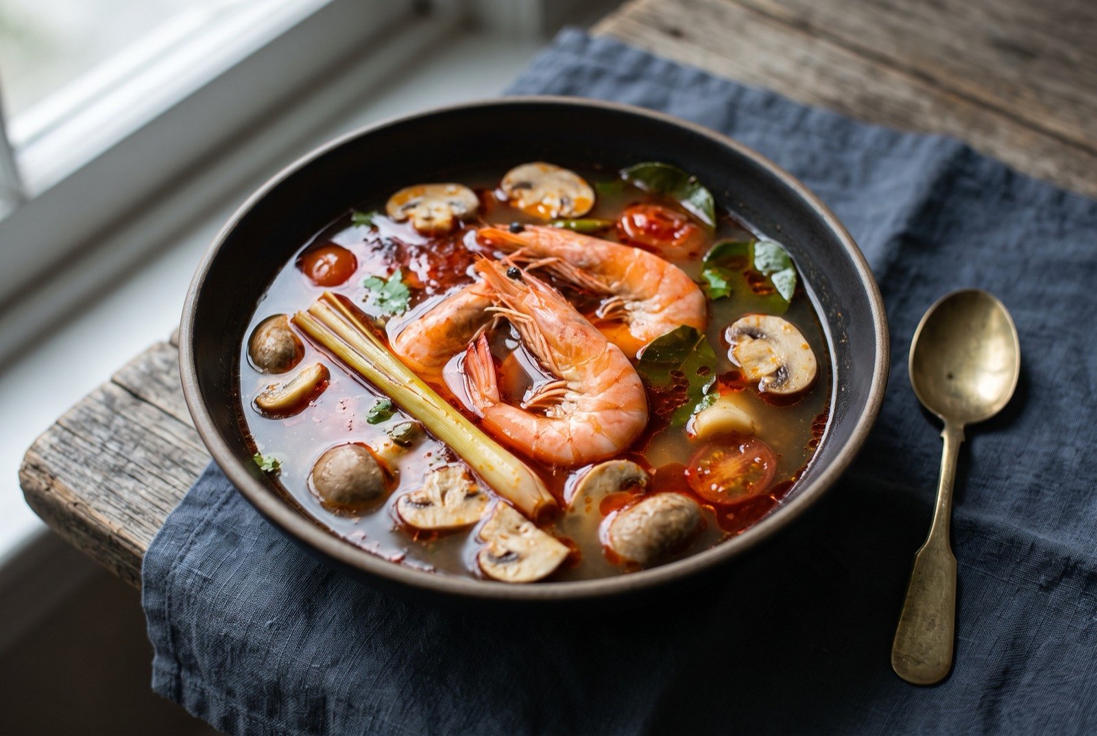 Tom yum goong, a hot and sour prawn soup with a red slick of chilli oil: a clear, deep red-orange broth in a wide bowl, whole pink prawns and pale mushroom halves breaking the surface, a bruised stalk of lemongrass and torn kaffir lime leaves floating among them.