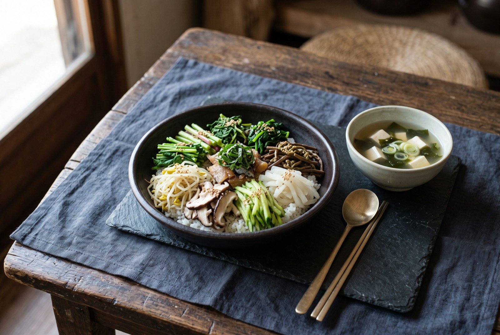 Tongyeong bibimbap, ten seasonal vegetables seasoned throughout with fish rather than soy: a wide dark bowl of white rice topped with many small, distinct piles of green and pale vegetables, no red chilli paste visible.