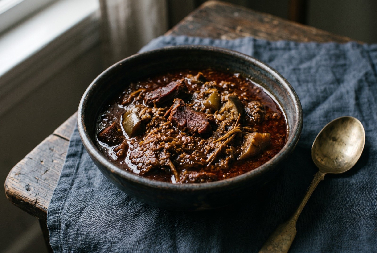 Torborgee, fermented palm oil and eggplant stew: a very dark, almost brick brown red thick stew, deeper and more matte in colour than an ordinary palm oil stew, pieces of dried meat and soft eggplant visible within it.