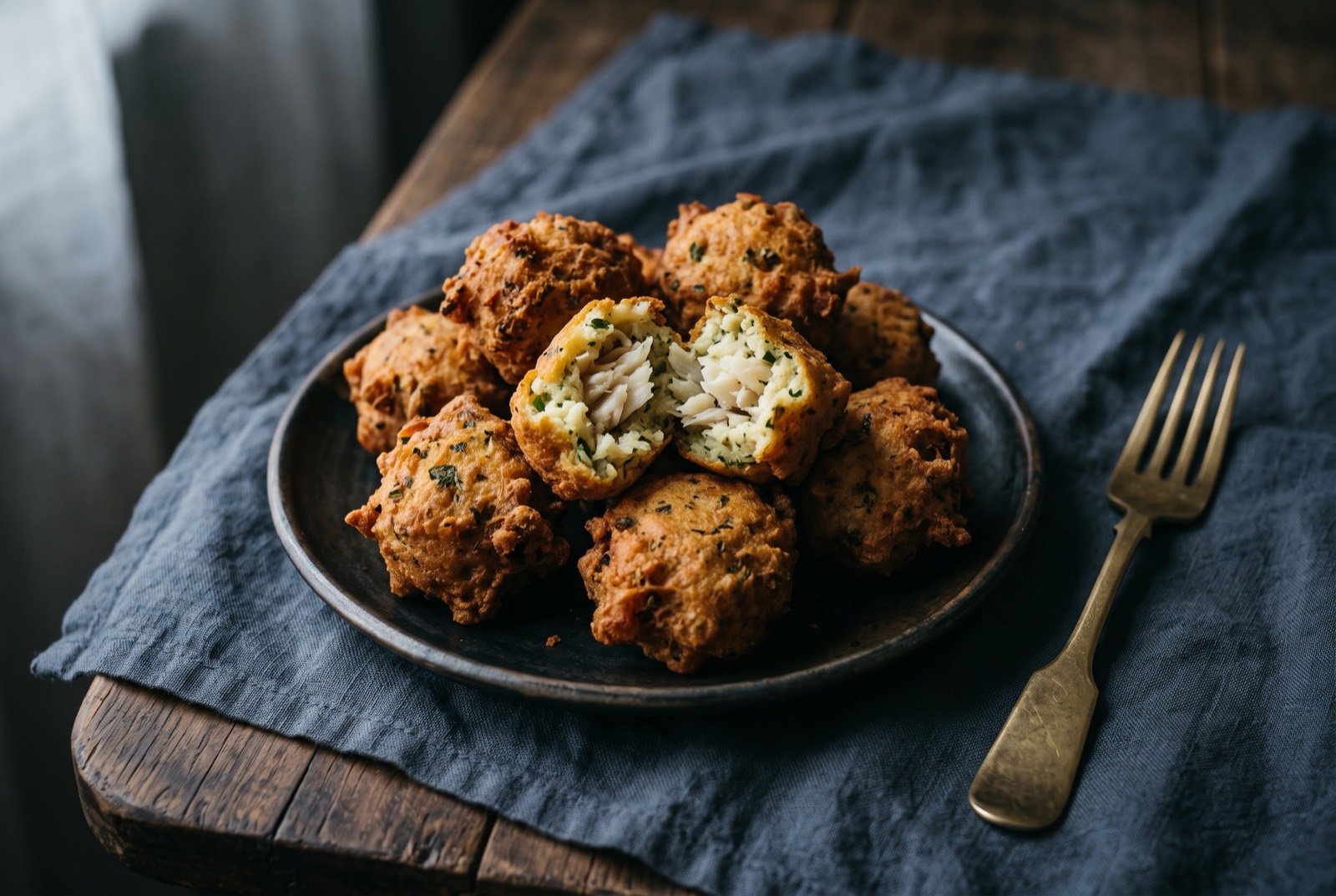 Torrejitas de bacalao, salt cod fritters: a small pile of irregular, deep golden brown fritters with a craggy fried surface, one broken open to show pale flaked salt cod bound through a soft herb flecked batter.