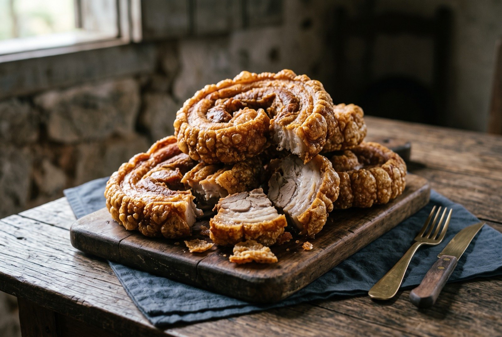 Torresmo de rolo, rolled crackling pork belly: golden brown rolled coils of pork belly, the skin blistered and deeply puffed into an irregular crackling texture, piled loosely on a wooden board.