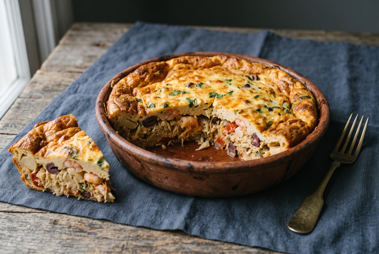 Torta capixaba, Espírito Santo's baked seafood pie: a rustic clay baking dish holding a puffed golden brown baked egg top, one wedge cut away to reveal layers of shrimp, shredded salt cod.