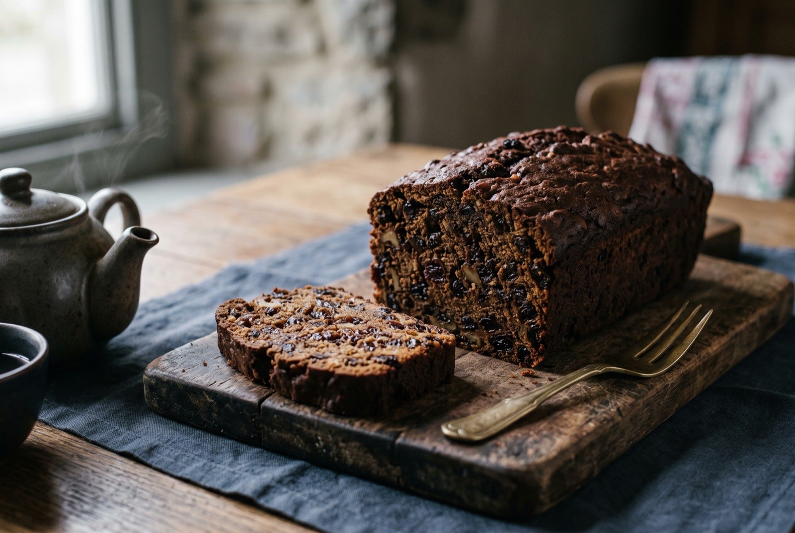Torta galesa, a dark Welsh Patagonian fruit cake soaked in rum: a dense, dark brown loaf cake sliced to reveal a tightly packed crumb studded with dark raisins and mixed dried fruit, the surface faintly glossy from a brushed syrup.