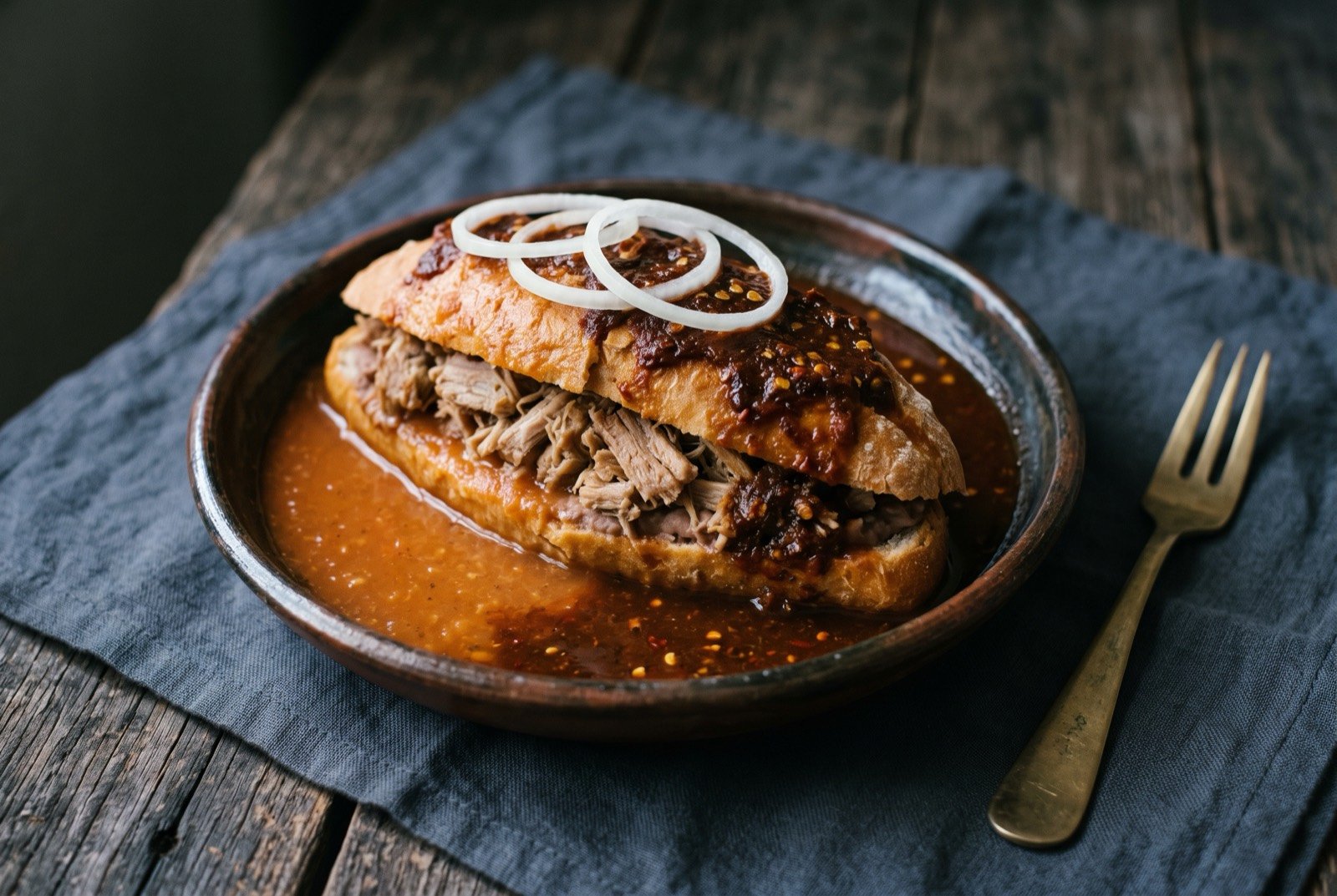Torta ahogada, a pork sandwich drowned in two chile sauces: a crusty split bread roll stuffed with fried pork, sitting fully submerged in a shallow pool of two blended red sauces, one paler and one darker with visible chile de árbol flecks.