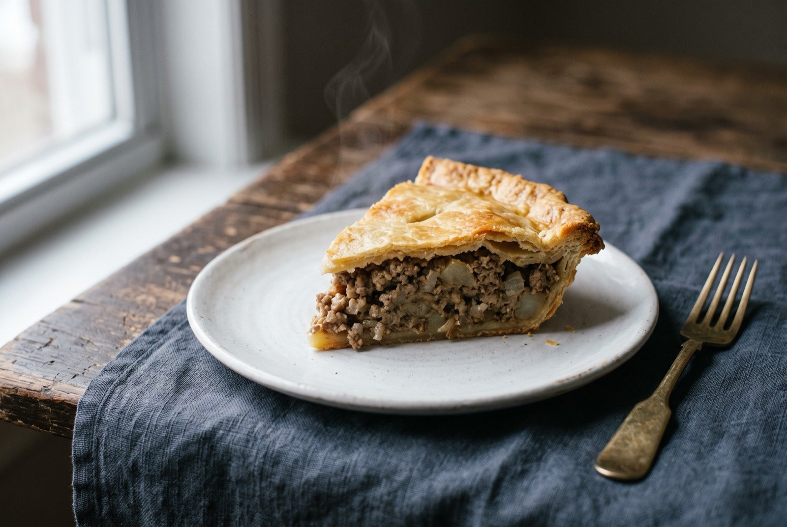 Tourtière, a spiced pork and potato pie: a wedge of golden baked meat pie cut from a round dish, the flaky pastry top and bottom enclosing a dense, finely textured filling of ground pork and potato.