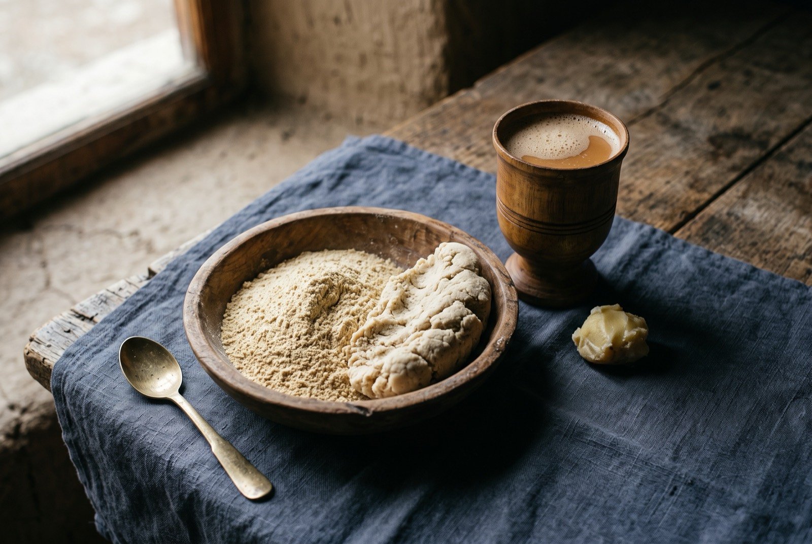Tsampa, roasted barley flour hand-kneaded with butter tea: a shallow wooden bowl of pale golden roasted barley flour, part still loose and part worked by hand into a firm pale dough at one side of the bowl.