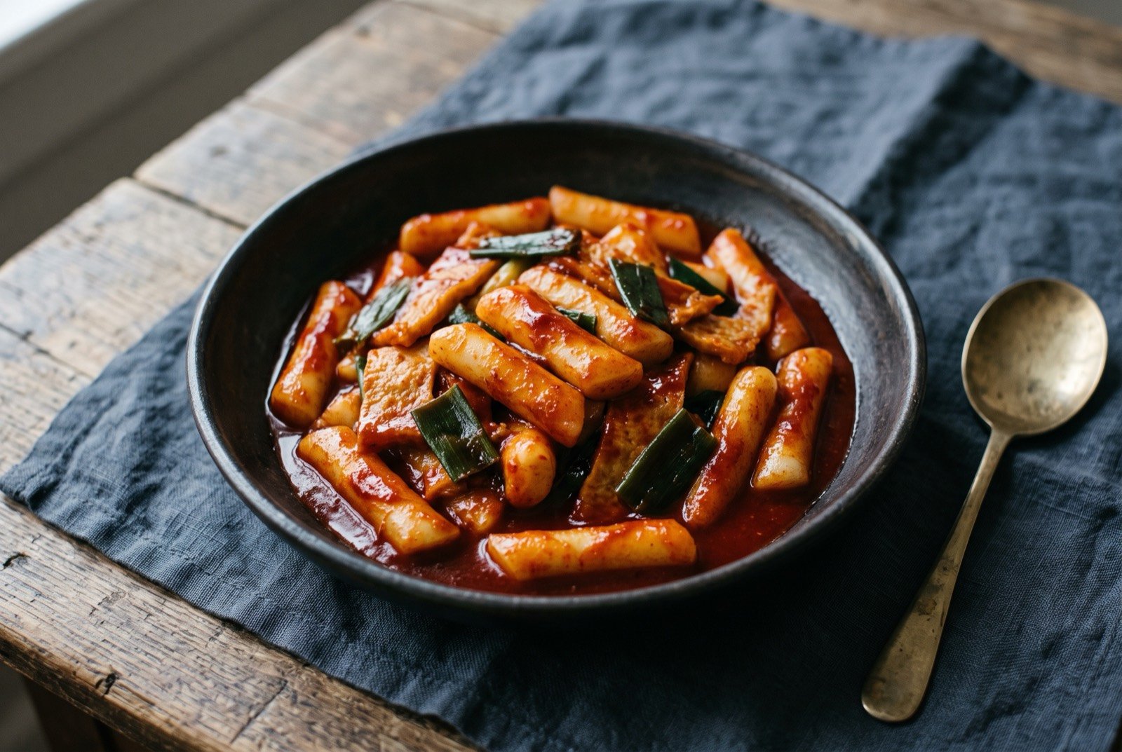 Tteokbokki, cylindrical rice cakes simmered glossy in a gochujang sauce: short white cylindrical rice cakes coated thickly in a glossy deep red sauce, a few pale slices of fish cake and dark green spring onion mixed through.