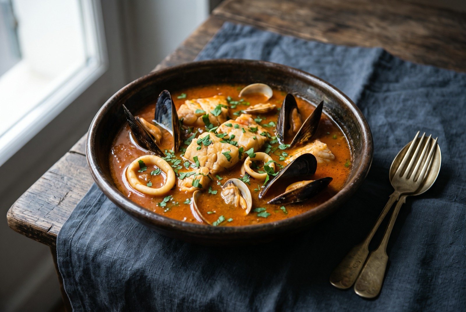 Ttoro, a Basque fishermen's stew of whole mixed fish and shellfish in a saffron-red broth: a wide shallow bowl of deep orange-red broth, chunks of white fish, whole mussels in dark open shells and rounds of monkfish arranged generously.