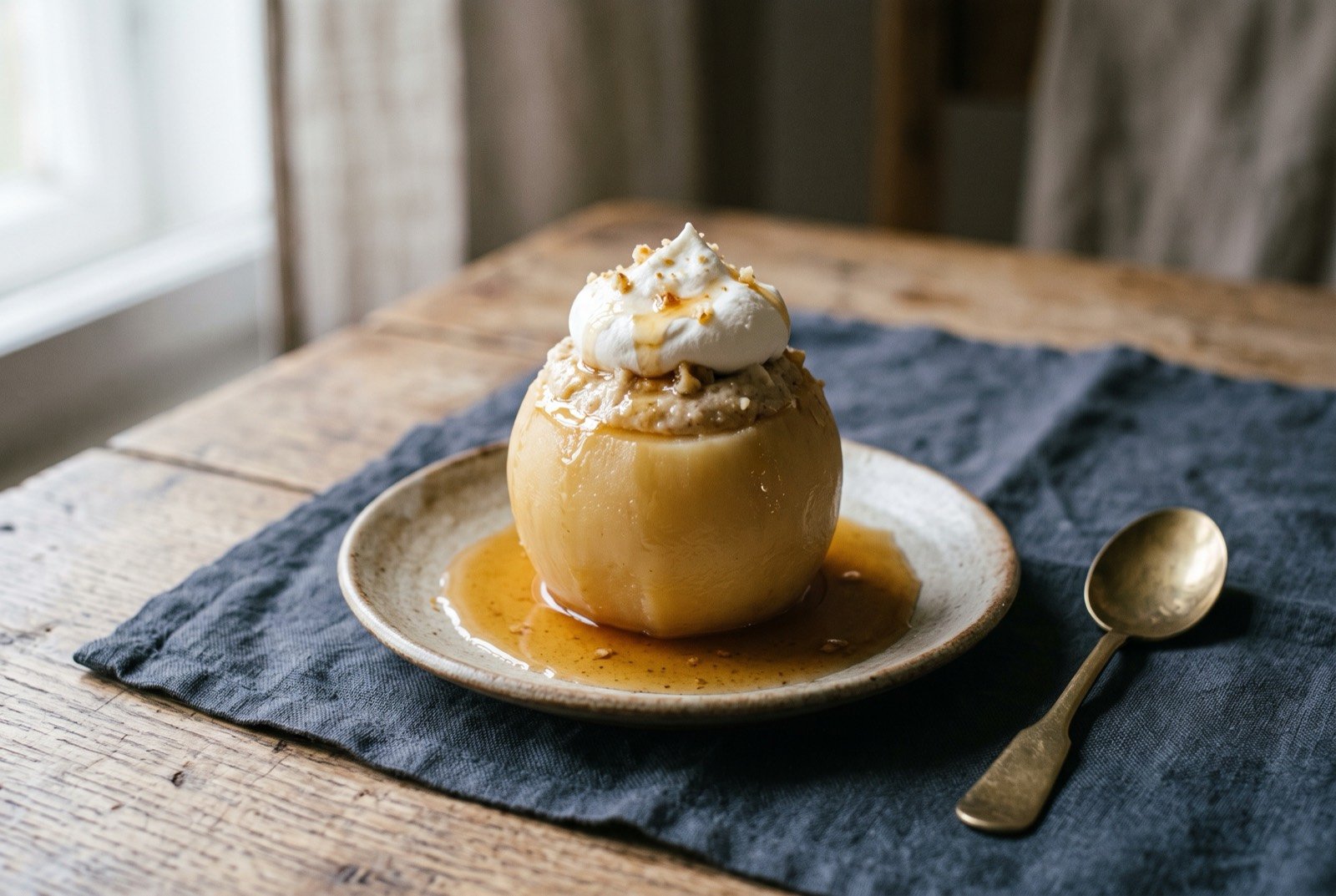 Tufahija, poached apple filled with walnut cream: a single whole pale golden poached apple sitting upright on a small plate, its top opened to reveal a pale beige walnut filling swirled with a peak of white whipped cream.