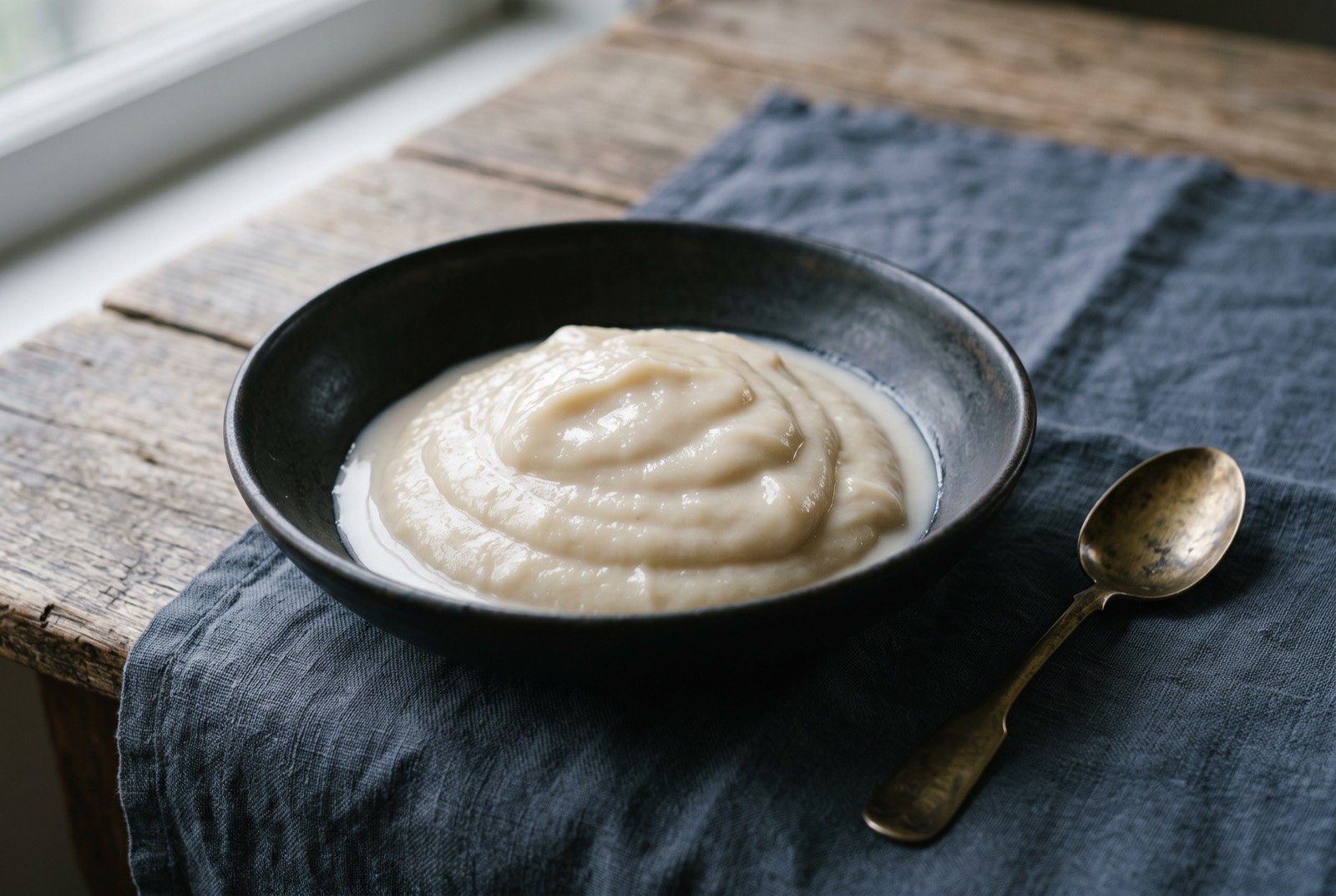Tulolo, Tuvaluan pulaka pulp worked with coconut cream: a smooth, pale mound of mashed pulaka glossed with coconut cream, its surface softly rippled, resting in a dark bowl with a thin pool of cream at its base.