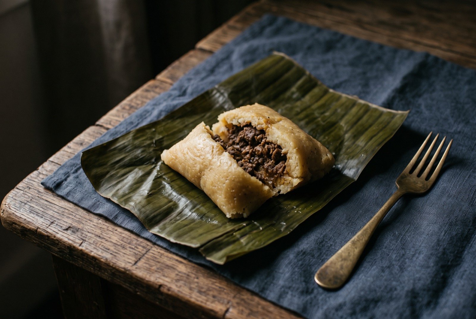 Tuluk, grated cassava dough wrapped around spiced pork or beef, from Efate: a small, pale golden cassava dumpling split open to show a dark, richly spiced meat filling inside, sitting on an unfolded banana leaf still marked with steam creases.