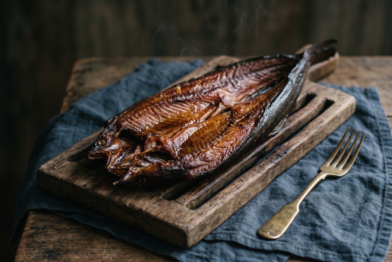 Tuna pāwhara, smoke dried eel: a whole eel split lengthways and laid open on a rustic wooden grating, its flesh deep amber and glistening from smoke, the skin side dark and taut.
