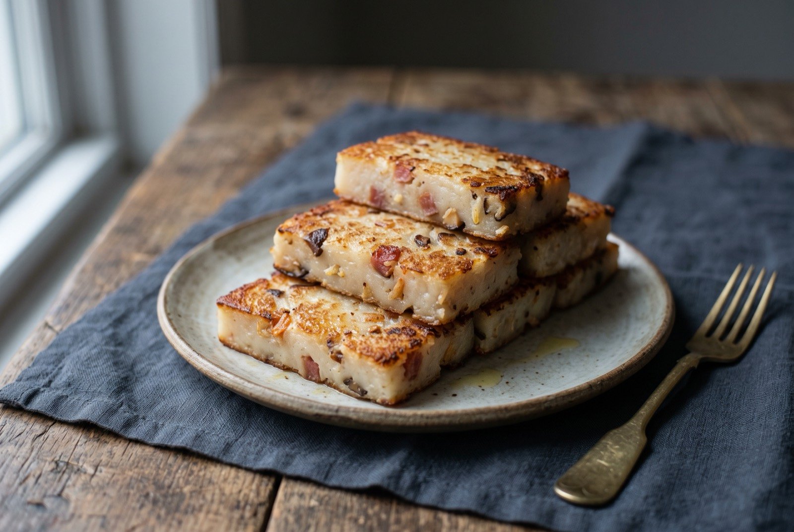 Lo bak go, steamed and pan-fried daikon cake with the dried-seafood three treasures: pan-fried golden-brown slices of turnip cake stacked loosely on a plate, the cut edge showing flecks of cured sausage, dried shrimp and shiitake through the pale ivory cake.