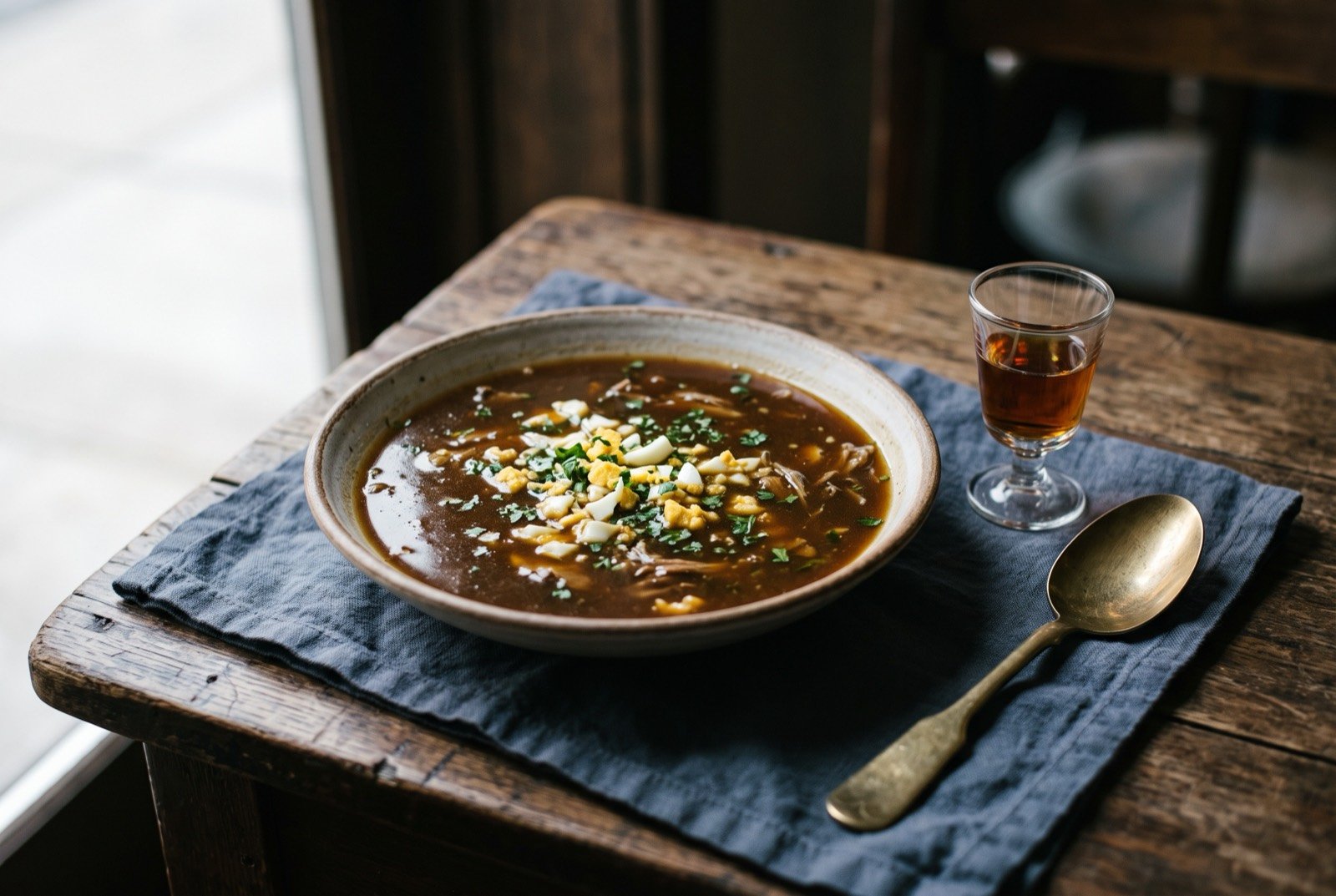 Turtle soup, Commander's Palace style: a shallow bowl of dark brown, glossy turtle soup, flecked with chopped hard boiled egg and parsley, a small jigger of sherry resting beside the bowl.