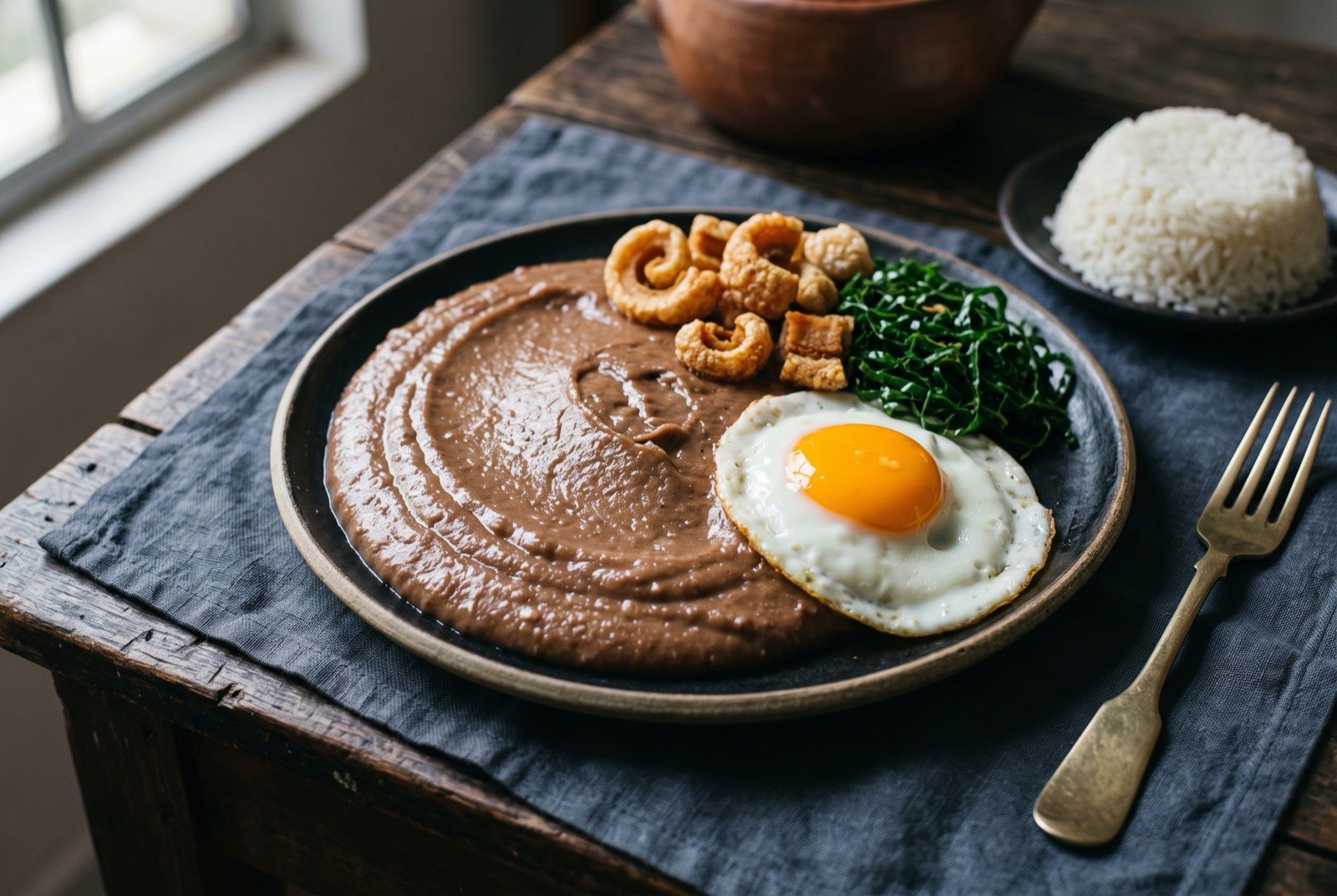 Tutu à mineira, a smooth mashed bean cream finished with cassava flour: a thick, glossy, dense brown bean purée mounded on a plate, its surface faintly ridged from a spoon, a fried egg with a bright orange yolk set into one side.