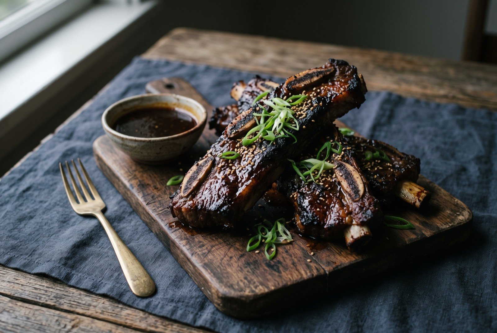 Twice cooked kalbi short ribs, braised then grilled: several dark, deeply charred bone in short ribs stacked on a wooden board, a glossy caramelised glaze visible between the char marks.