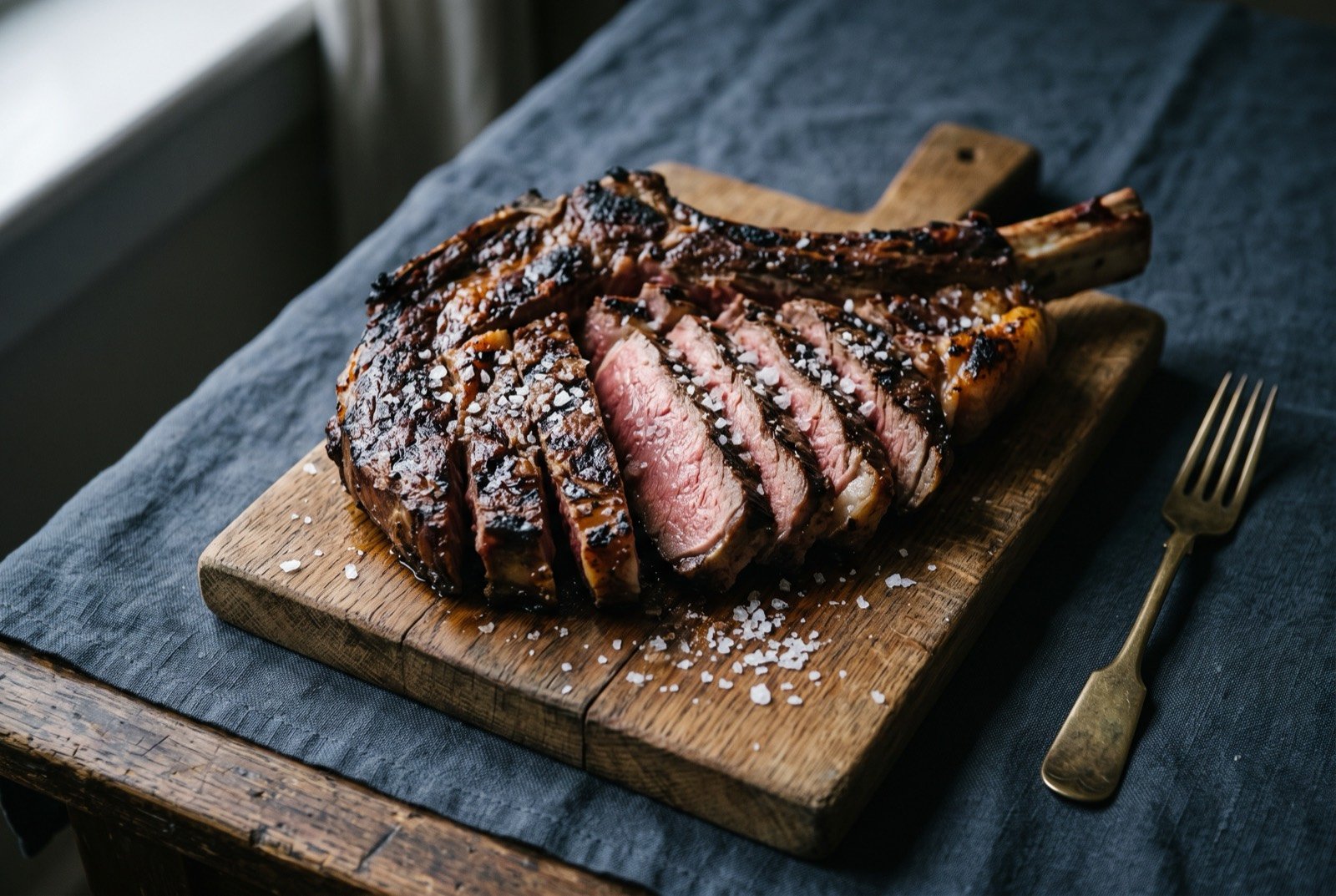 Txuleton, a thick grilled rib chop of old, well fattened cow: a thick bone in beef rib chop, deeply charred and blistered on the outside with coarse sea salt crystals still clinging to the crust.