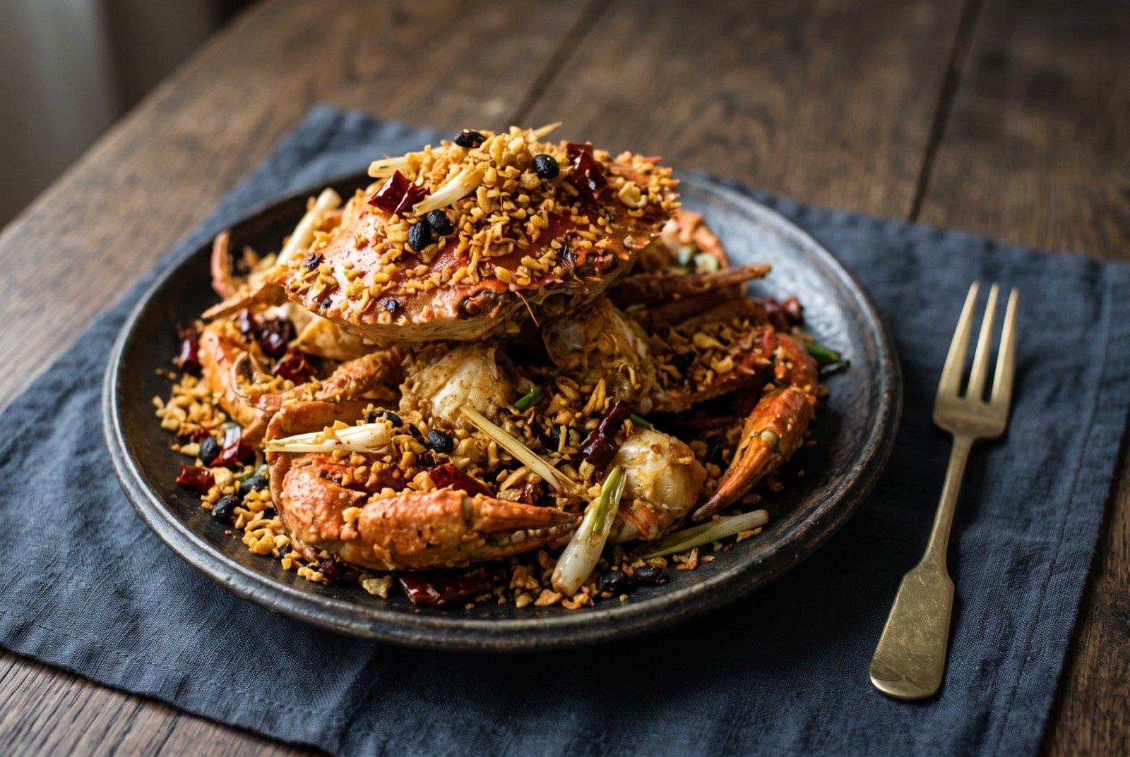 Typhoon shelter crab, deep-fried crab tossed with crisp garlic and chilli: cracked crab pieces piled on a dark plate, thickly coated in a dry, crisp mass of golden fried garlic flecked with dark fermented black beans and red dried chilli.