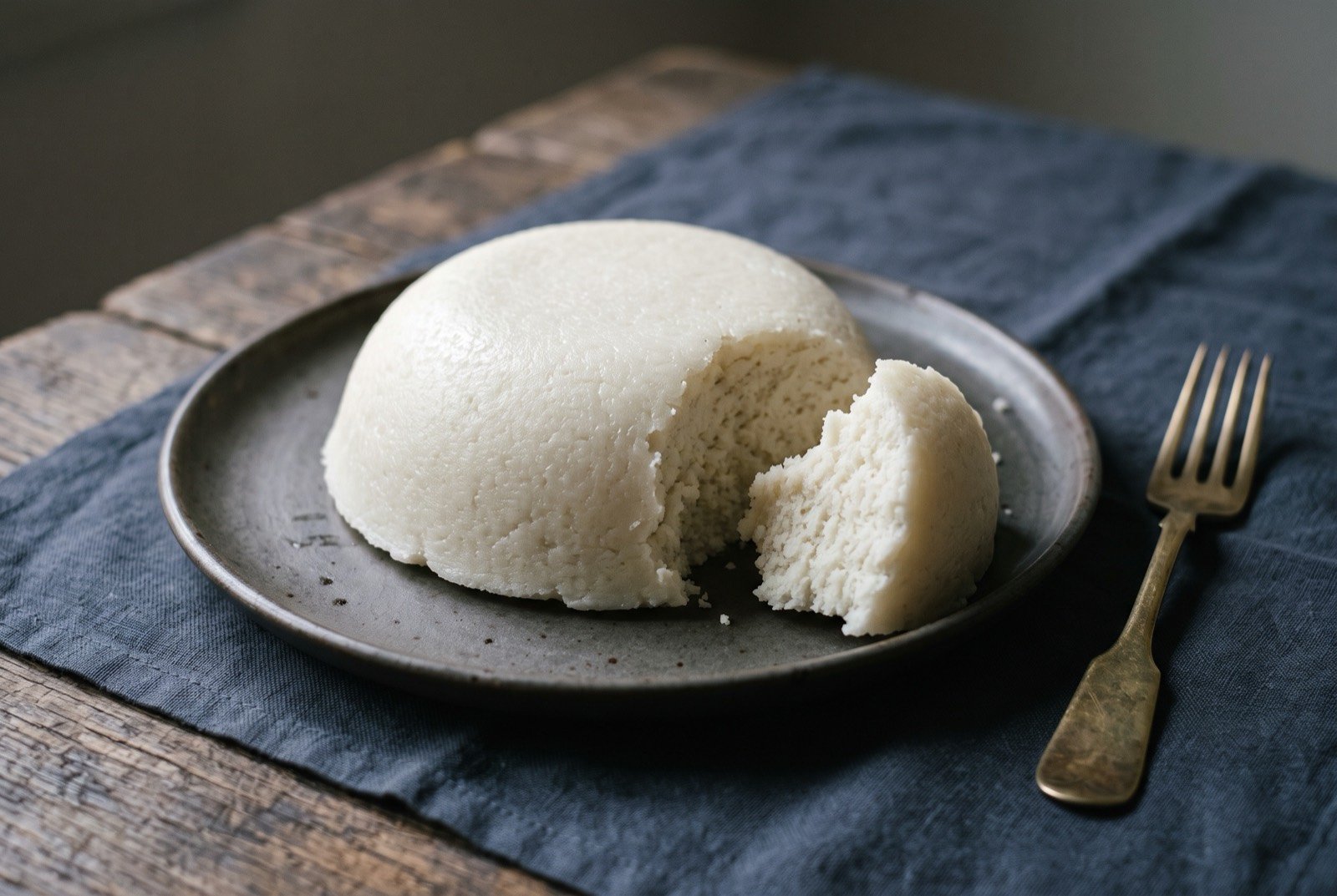 Ugali: a smooth firm white dome of maize meal turned out onto a plate, dense and matt surfaced with a faint sheen, a piece torn from one side showing the close even texture inside.