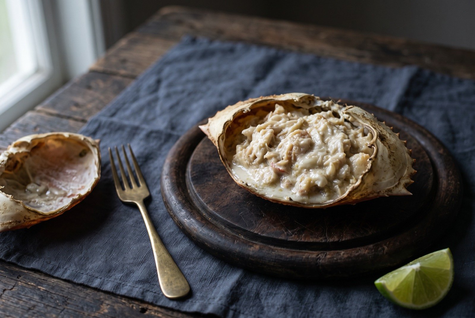 Ukaeb, Palau's crab meat bound in coconut cream, served in the shell: a cleaned crab shell filled with pale, glossy picked crab meat bound in thick white coconut cream, a second empty shell resting alongside on a dark wooden board.