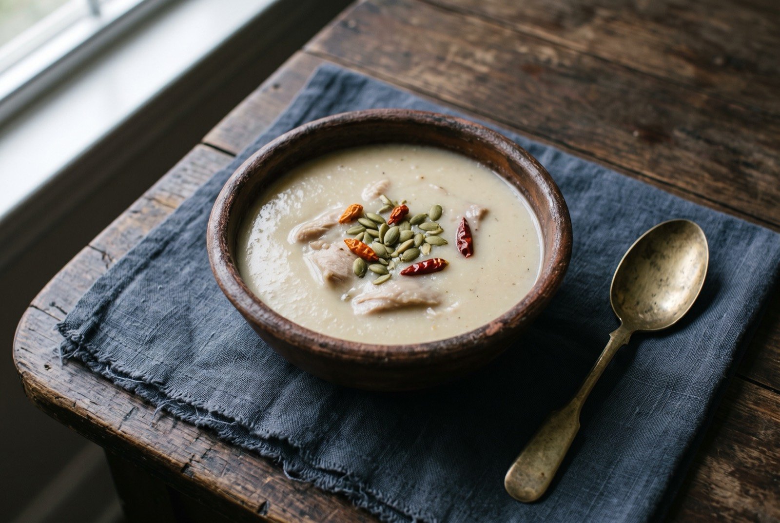 Uliche, a corn thickened Chontal Maya broth: a pale, thick, atole like broth in a rustic clay cajete, pieces of turkey visible just beneath the surface, a scattering of ground pumpkin seed and small dried chiles across the top.