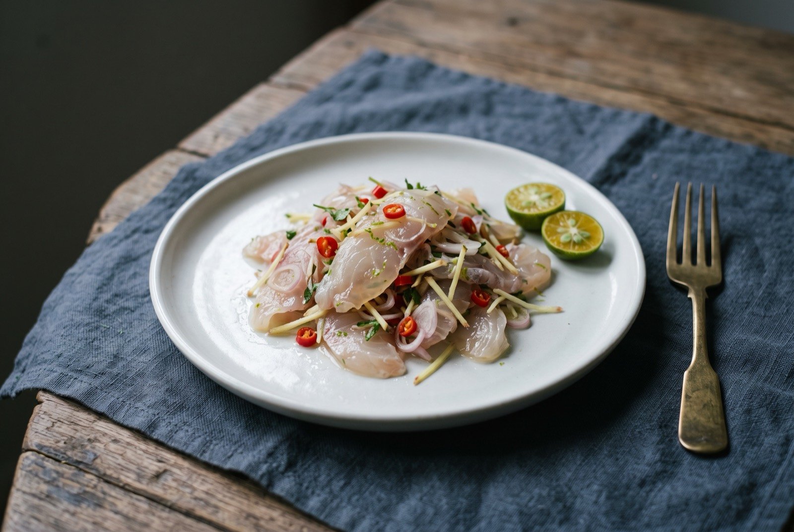 Umai, Melanau citrus-cured raw fish: thin translucent slices of pale raw fish tossed with finely sliced shallot, julienned ginger and red bird's eye chilli, glistening with lime juice.